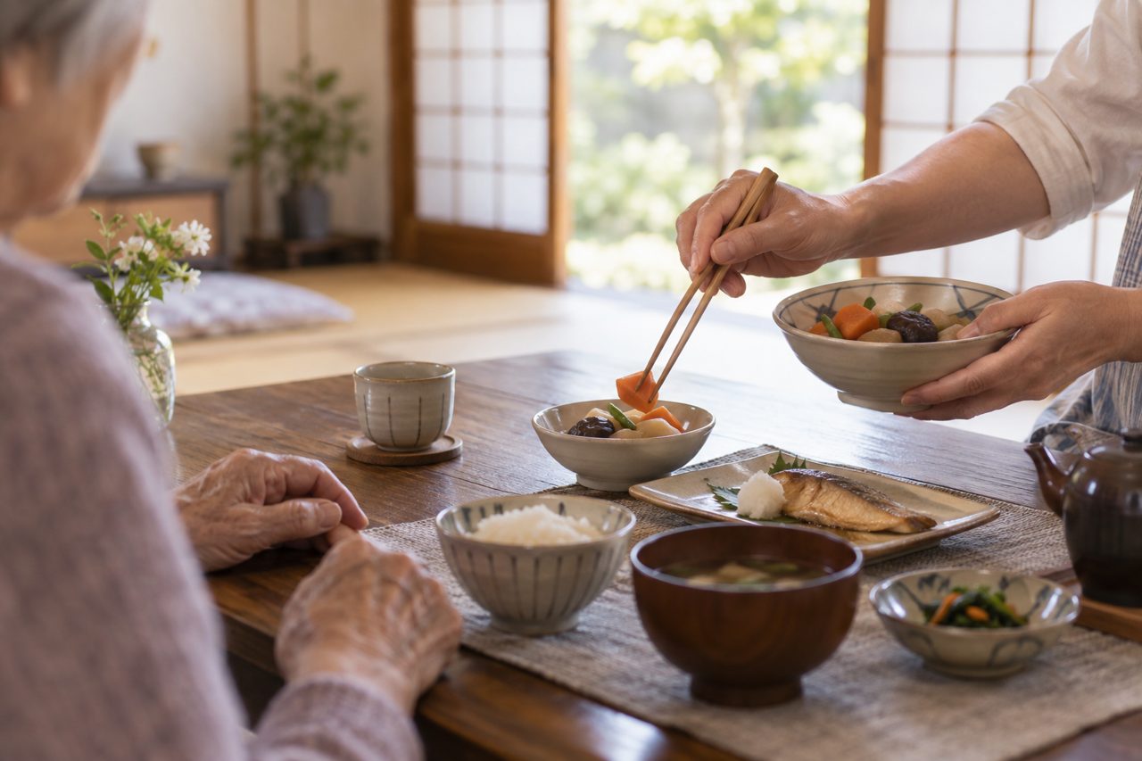 高齢者の食卓で柔らかな惣菜を取り分ける家族