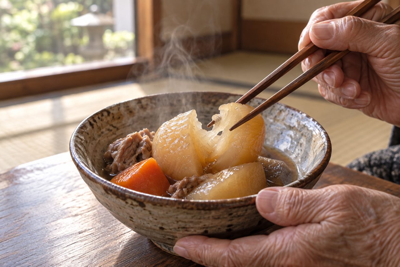 柔らかな煮物を箸で切り分ける高齢者の手元のアップ