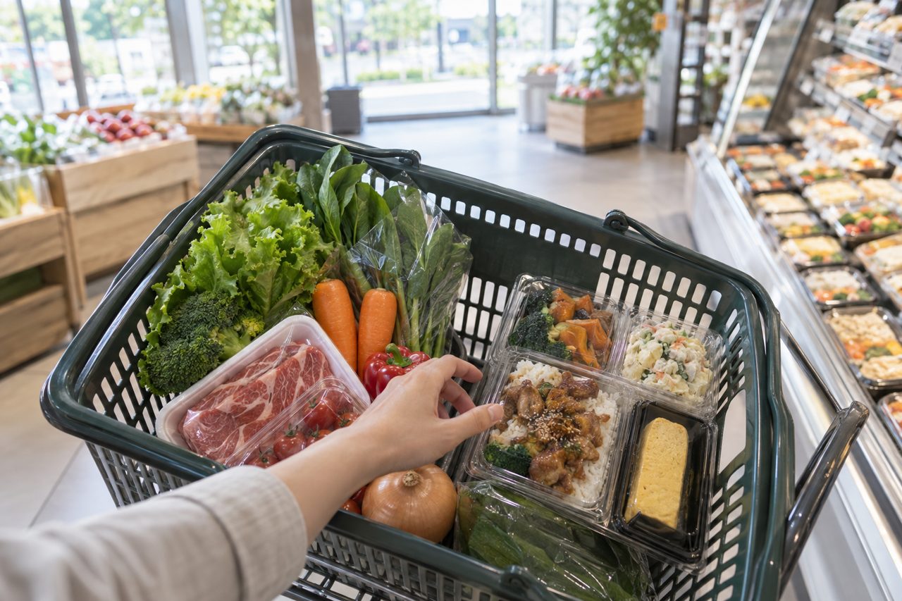食品売り場のかごで食材と調理済み容器を比べる手元