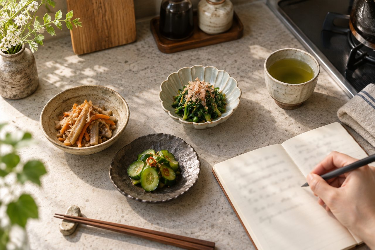 三種類のおかずを試食して感想を記録する手元