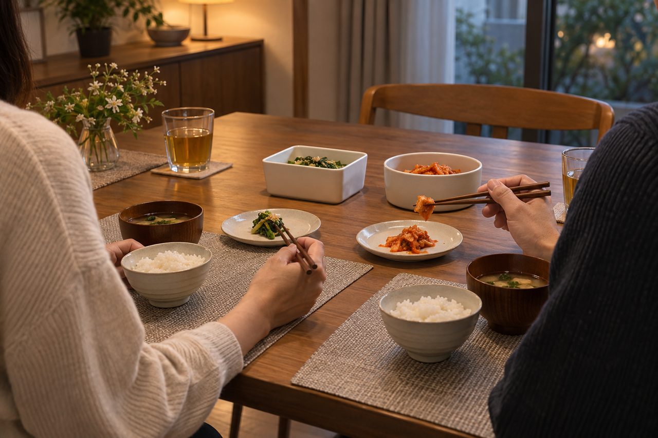 二種類の宅配料理を食べ比べる夫婦の食卓