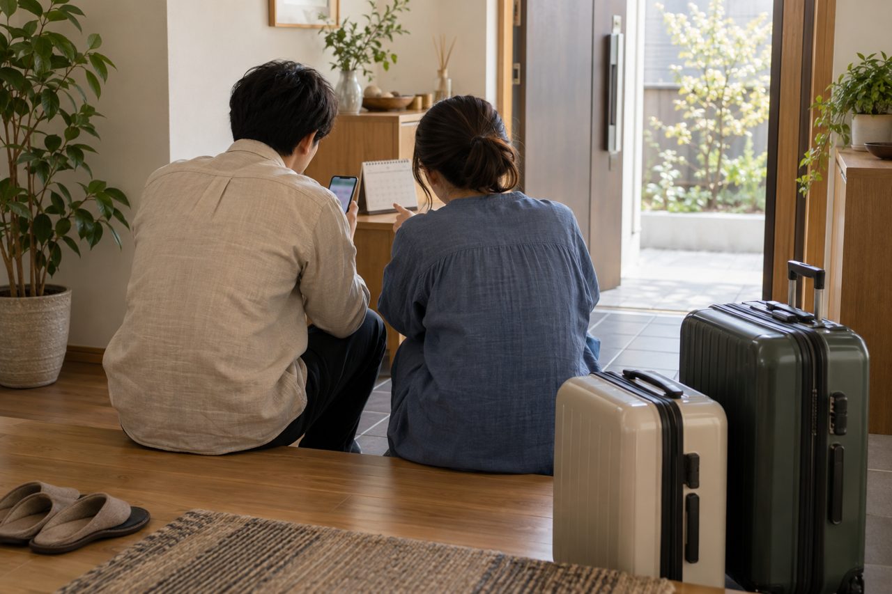 旅行かばんの横で宅配休止日を相談する夫婦