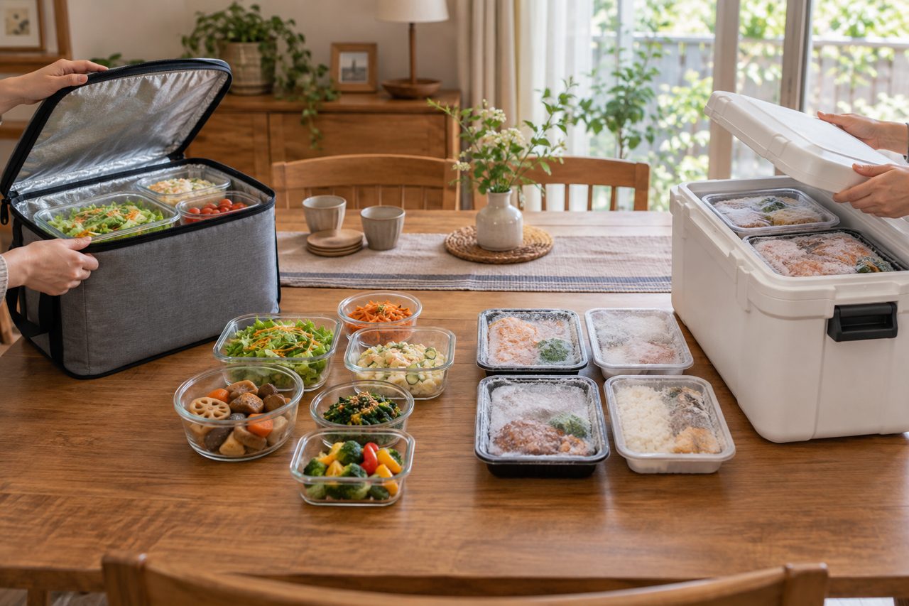 異なる二つの保冷箱と料理を見比べる食卓