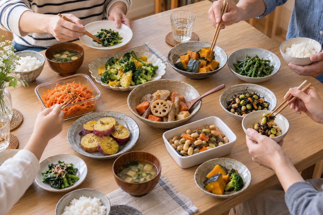 色鮮やかな野菜のおかずを並べた明るい食卓