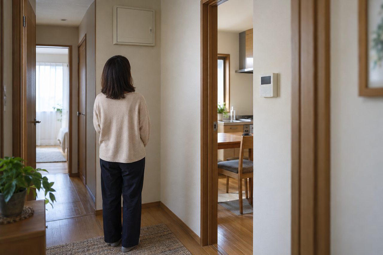 閉じた分電盤と給湯リモコンを見比べる場面