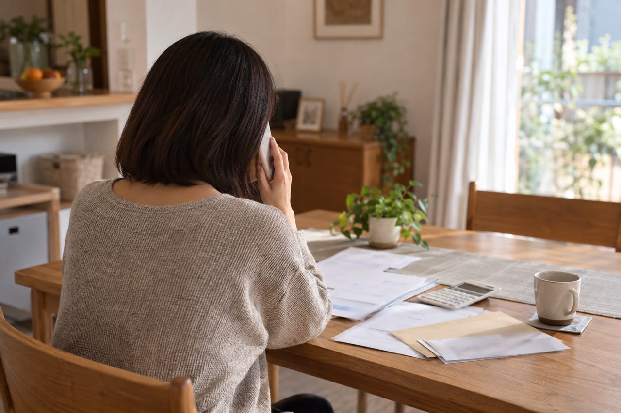 自宅の食卓で補助金の相談電話をする人の後ろ姿