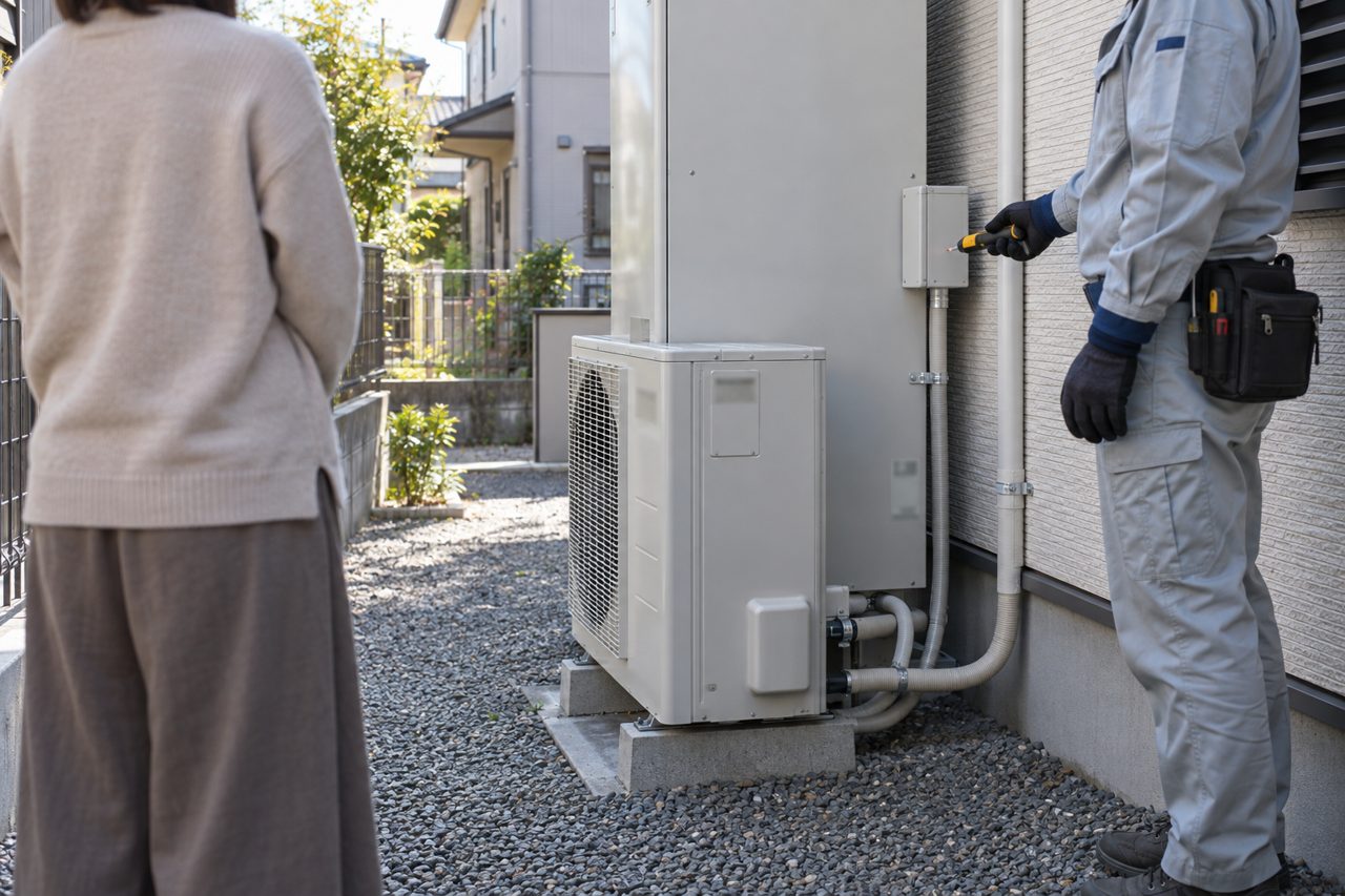 閉じた接続箱へ非接触検電器をかざす作業員