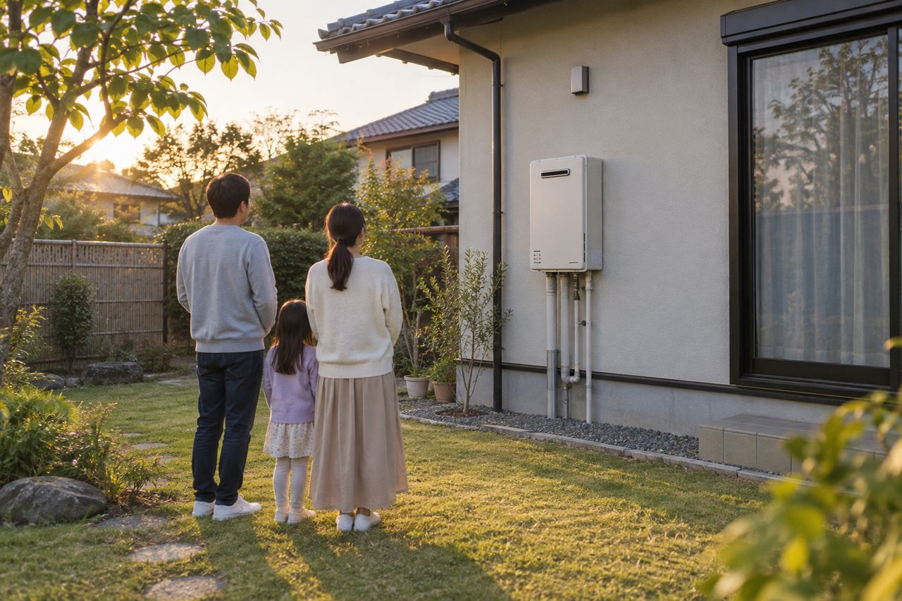 交換済みの給湯器を庭先から家族で眺める後ろ姿