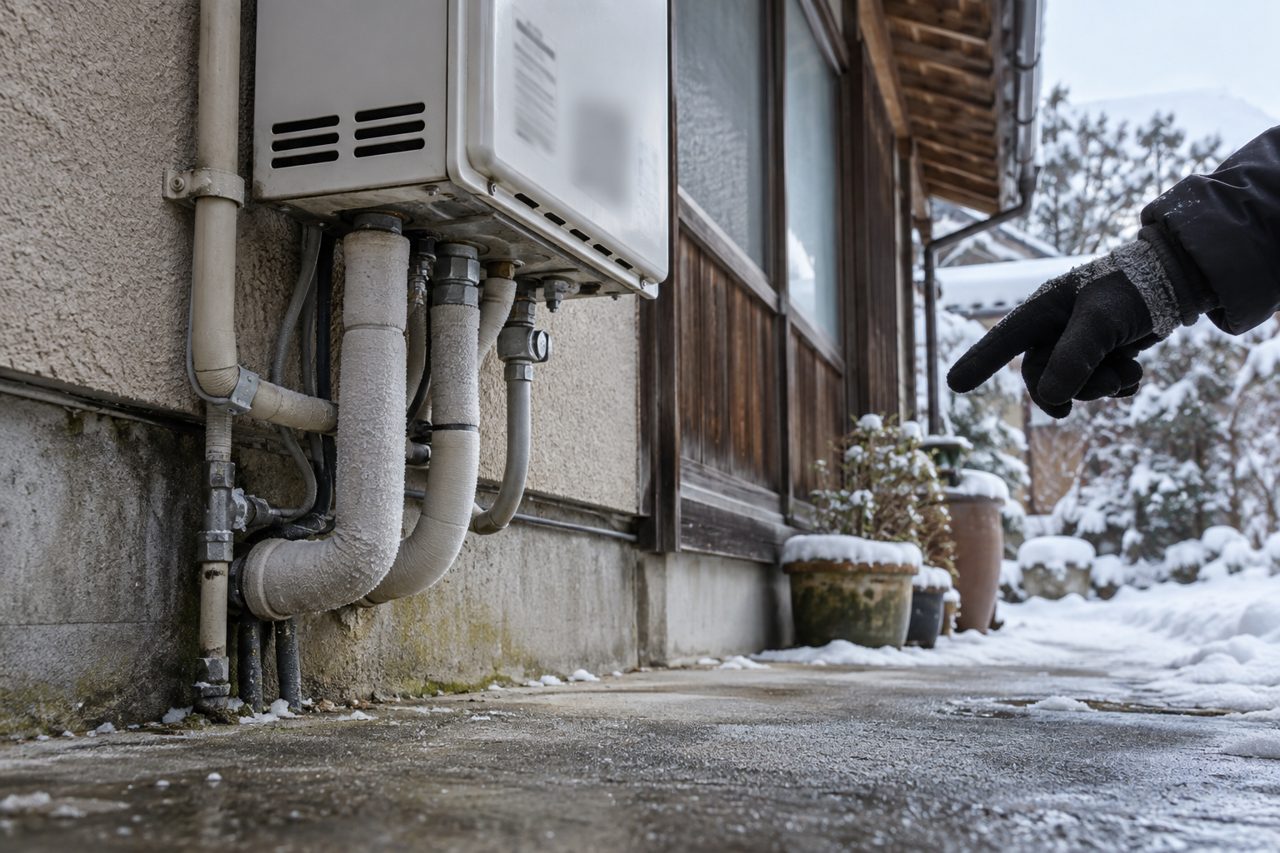 霜の付いた保温配管を離れて指し示す手袋の手