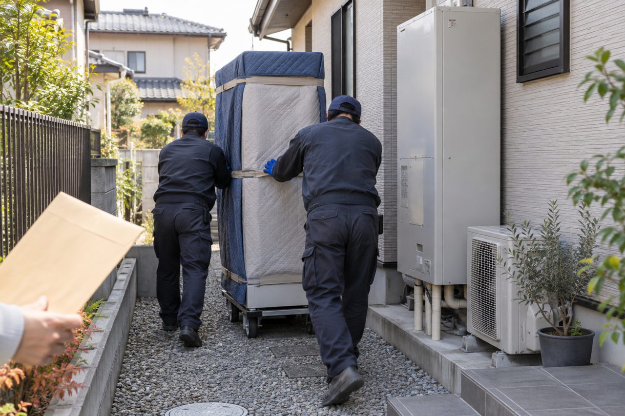 住宅の脇へ新しいエコキュートを搬入する場面