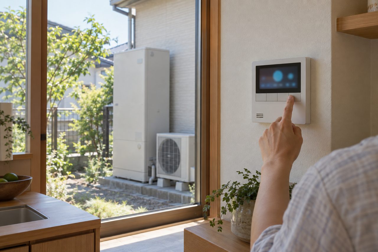 日差しの中でエコキュートの湯温を確認する手元