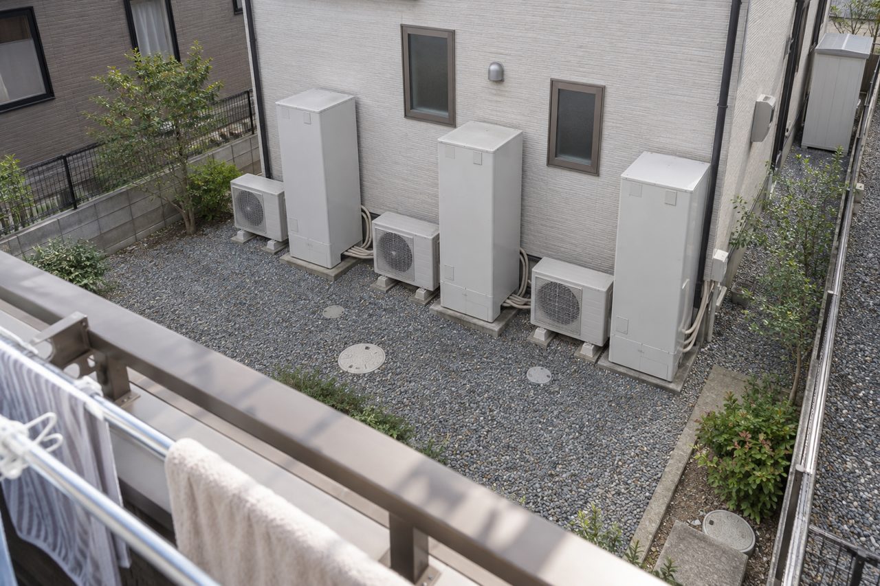 二階の物干し場からエコキュート全体を見渡す場面