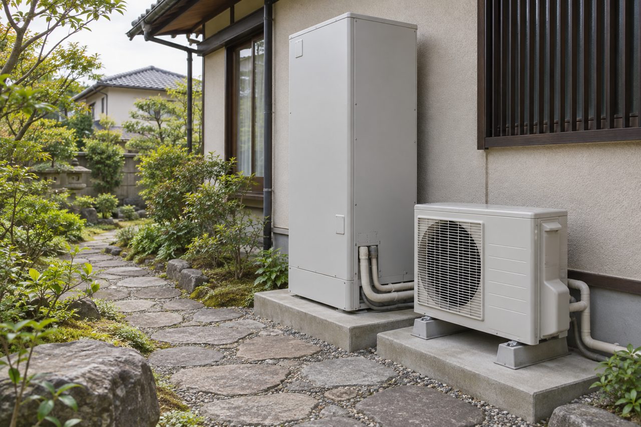 庭先の通路から見たエコキュートのタンクと室外機