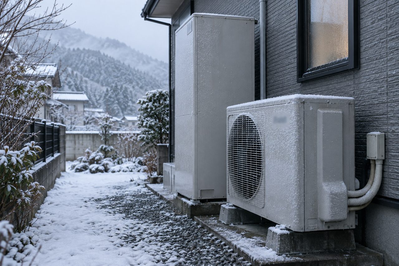 霜の付いたエコキュート室外機を離れて確認する場面