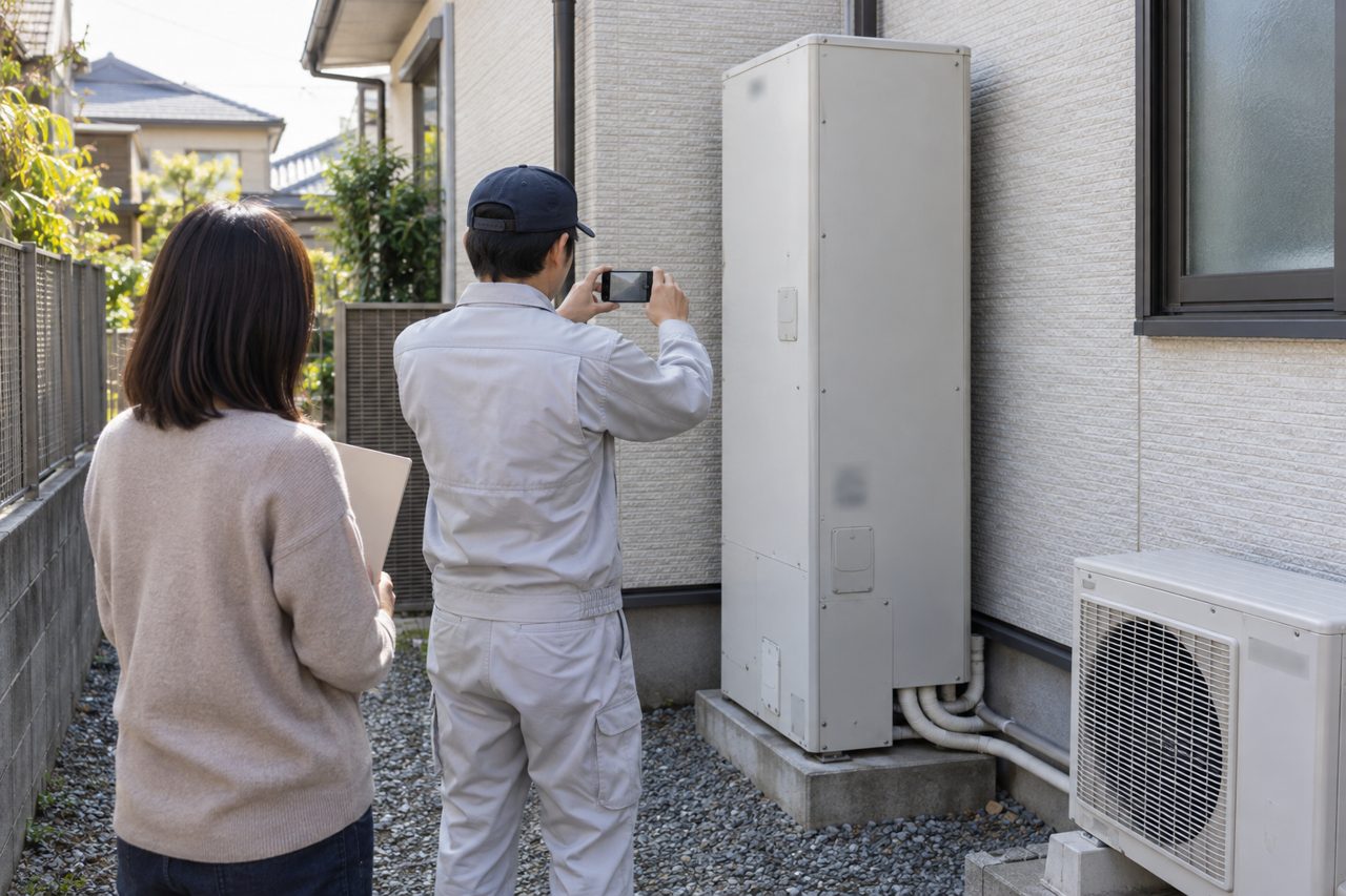 補助申請用に貯湯タンク外観を撮影する作業員
