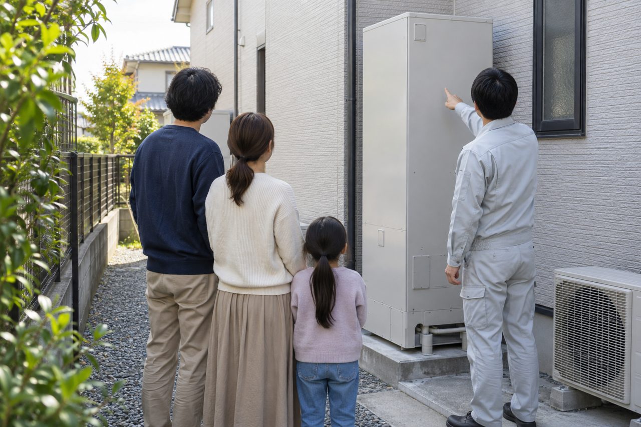 新しい貯湯タンクの前で説明を聞く家族の後ろ姿