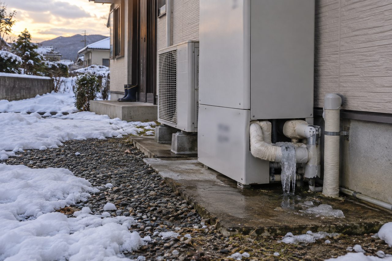 雪解け水のそばで凍った配管を見守る人の足元