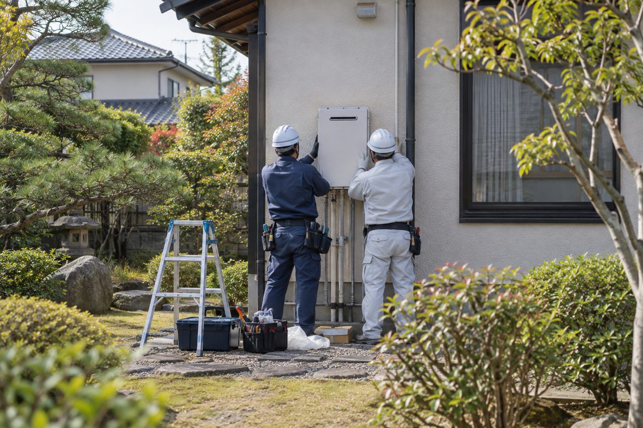 新しいガス給湯器を外壁へ取り付ける作業員たち