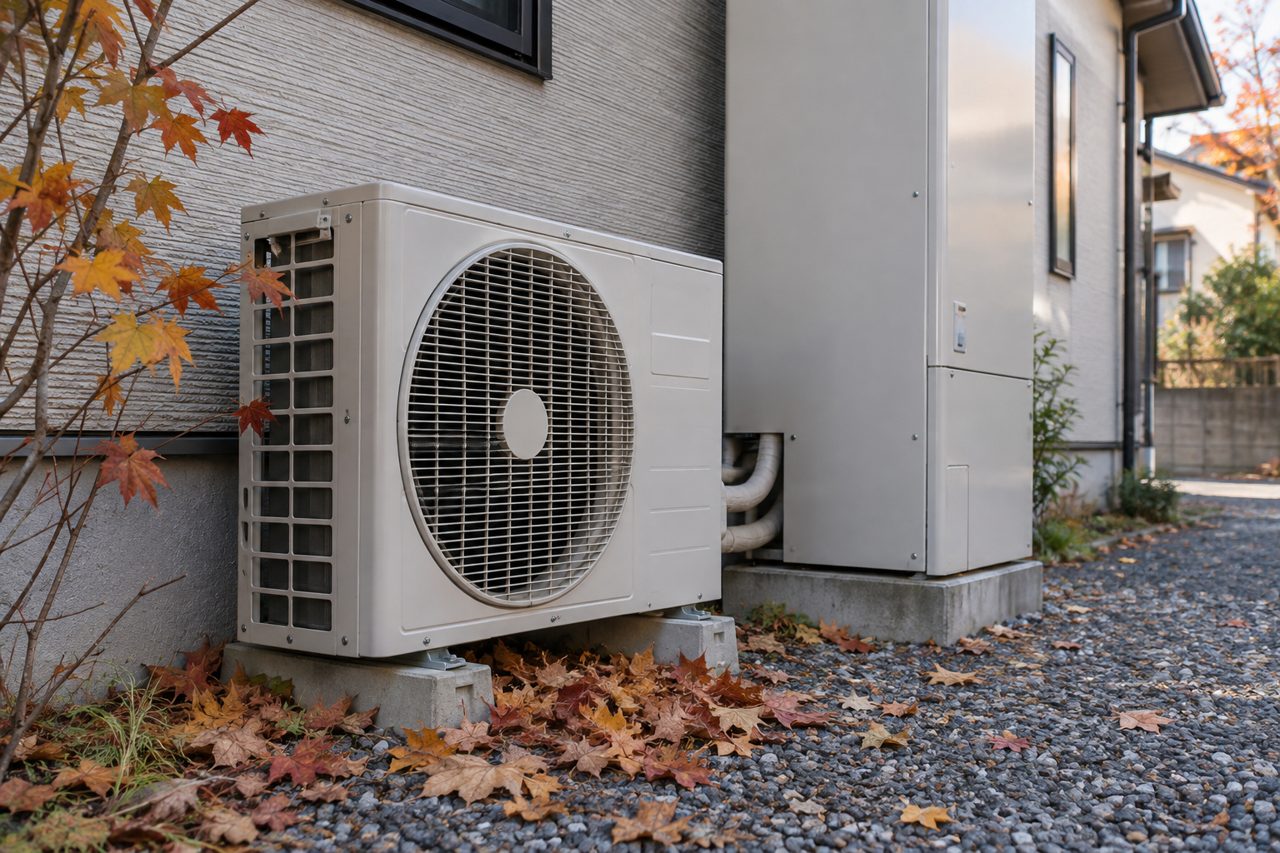 室外機の吸気口近くに寄った落ち葉を眺める場面