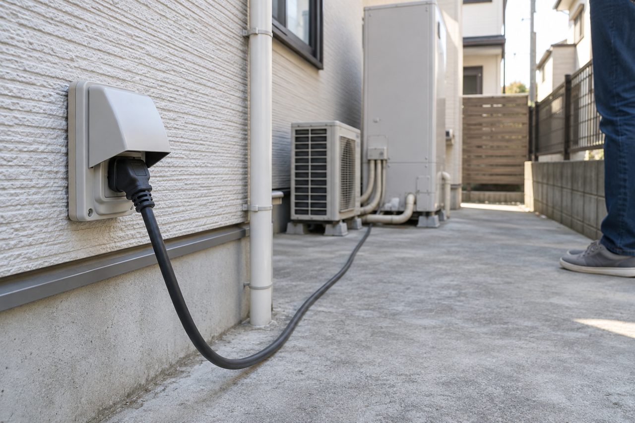 屋外の電源プラグとエコキュートを目視する場面