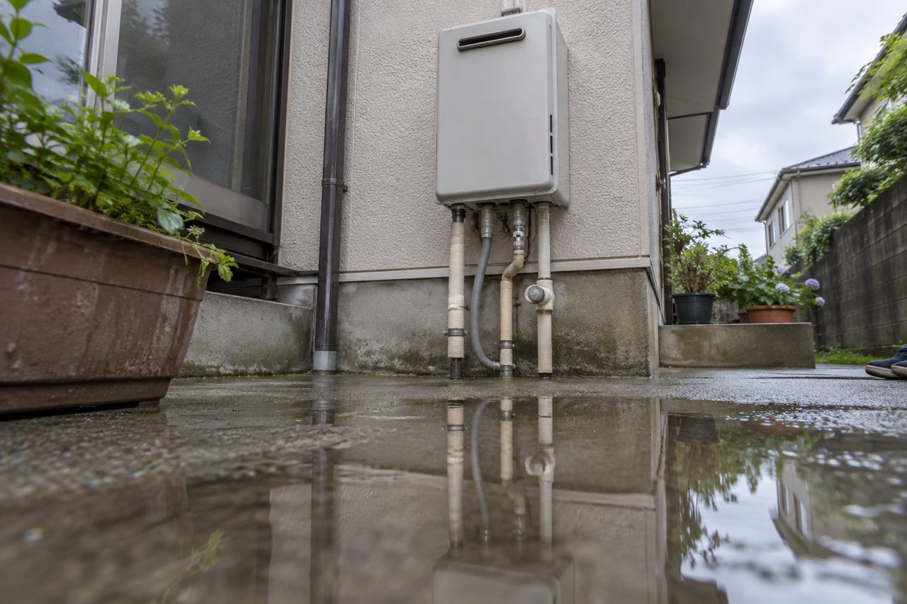 屋外給湯器の配管下にできた小さな水たまり