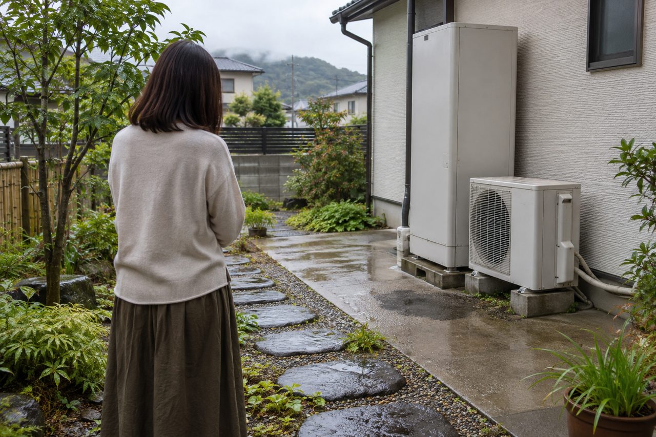 雨上がりの室外機周辺を離れて観察する住人