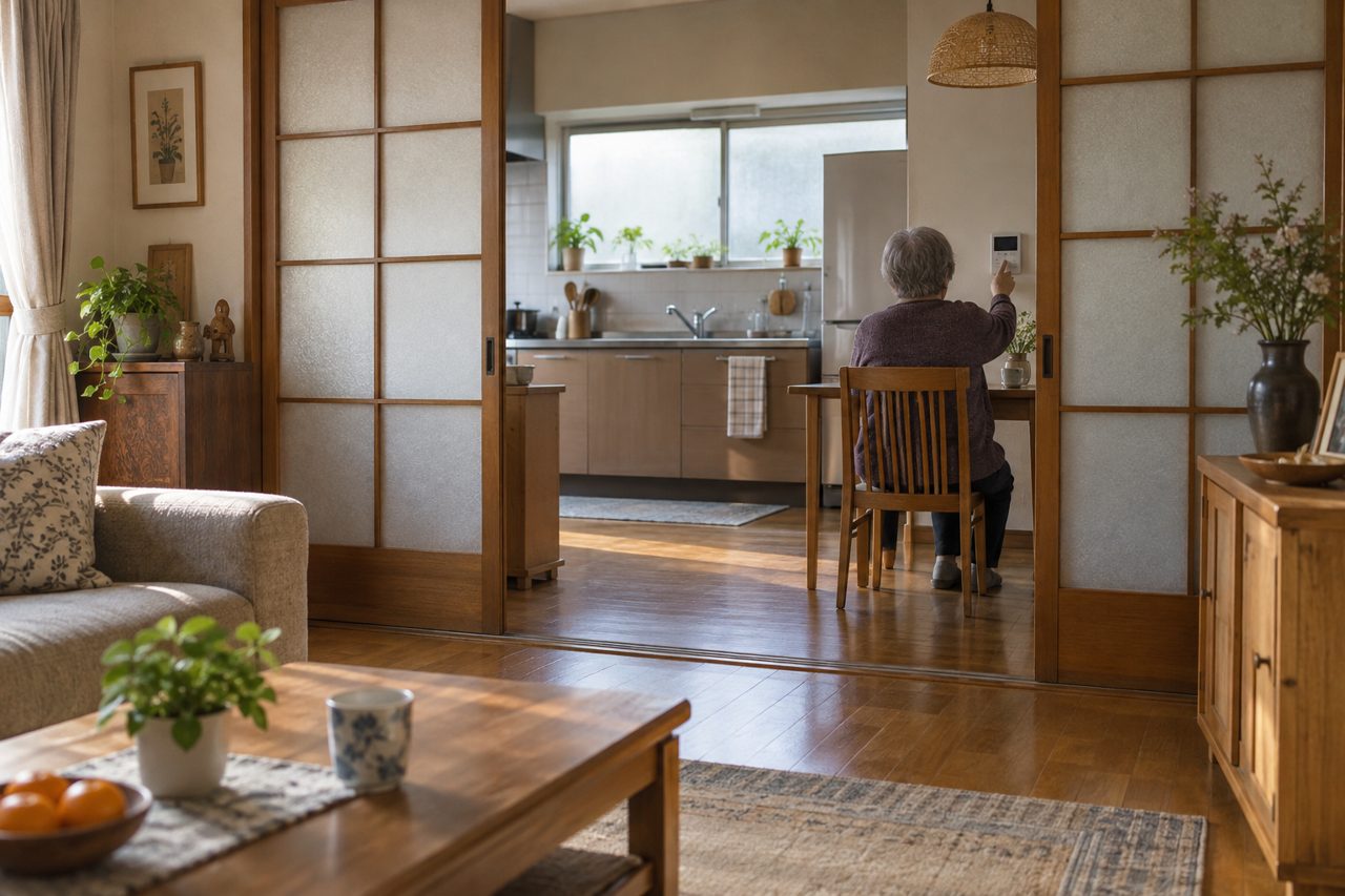 居間から給湯リモコンの温度を確認する高齢者の手元