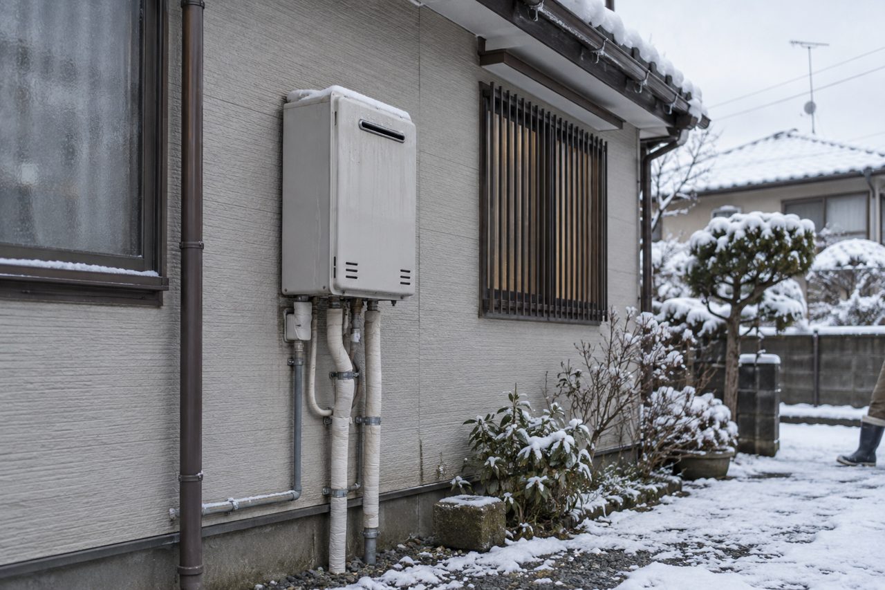 雪の積もる住宅外壁の給湯器と保温された配管