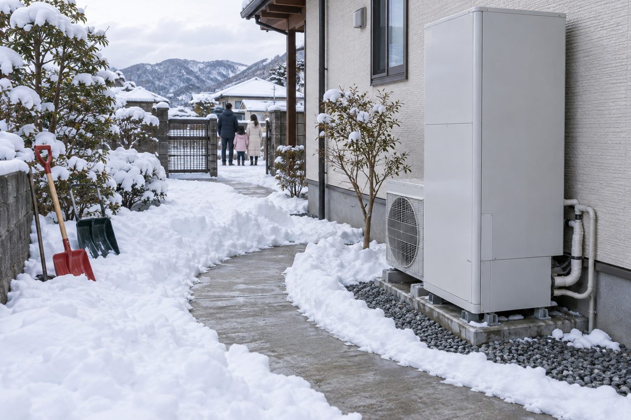雪を避けた通路から室外機を見守る家族の後ろ姿