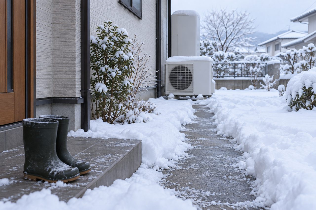 雪かきした通路越しに見る室外機と貯湯タンク