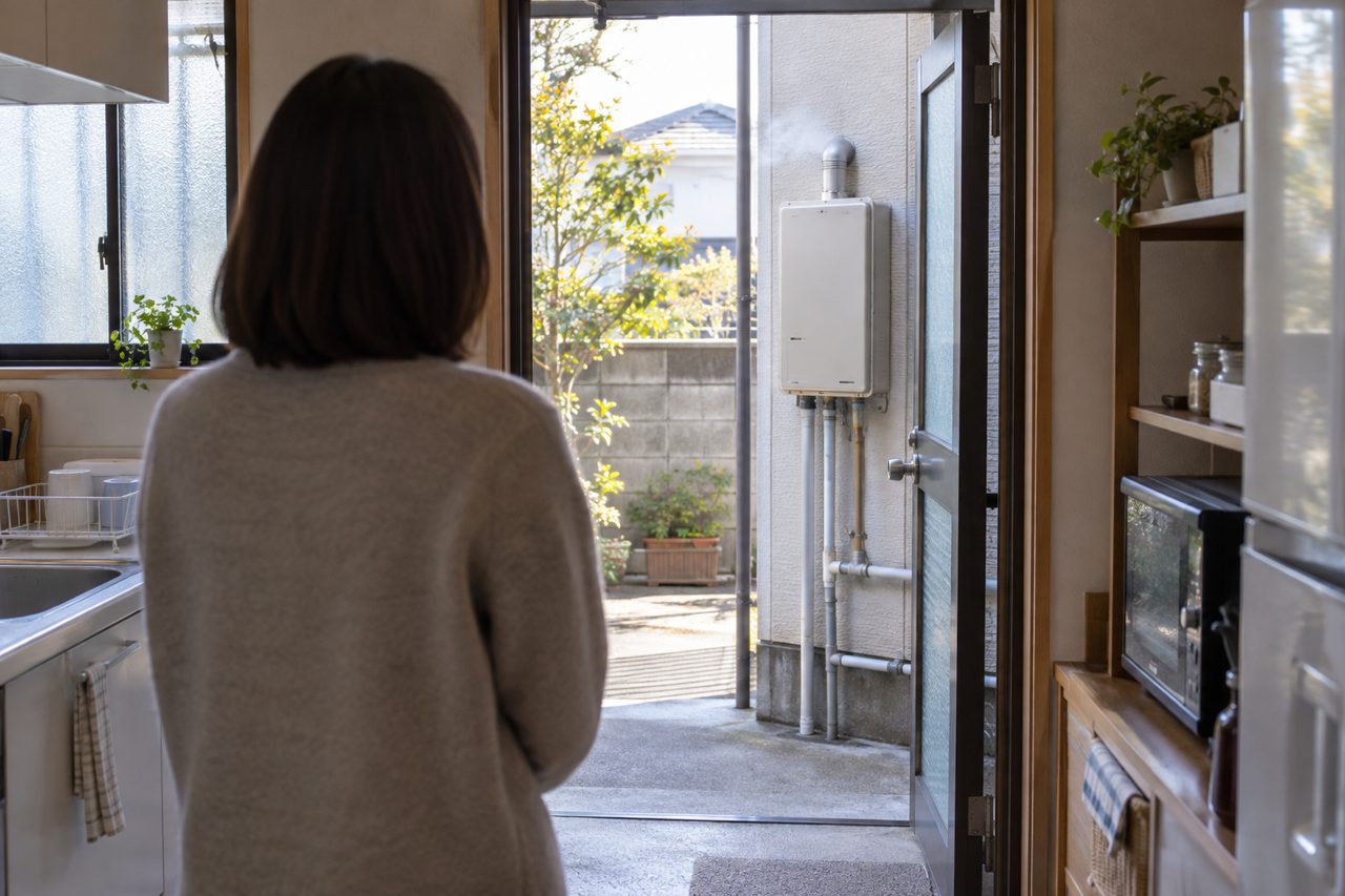 勝手口の内側から給湯器の作動音を聞く住人