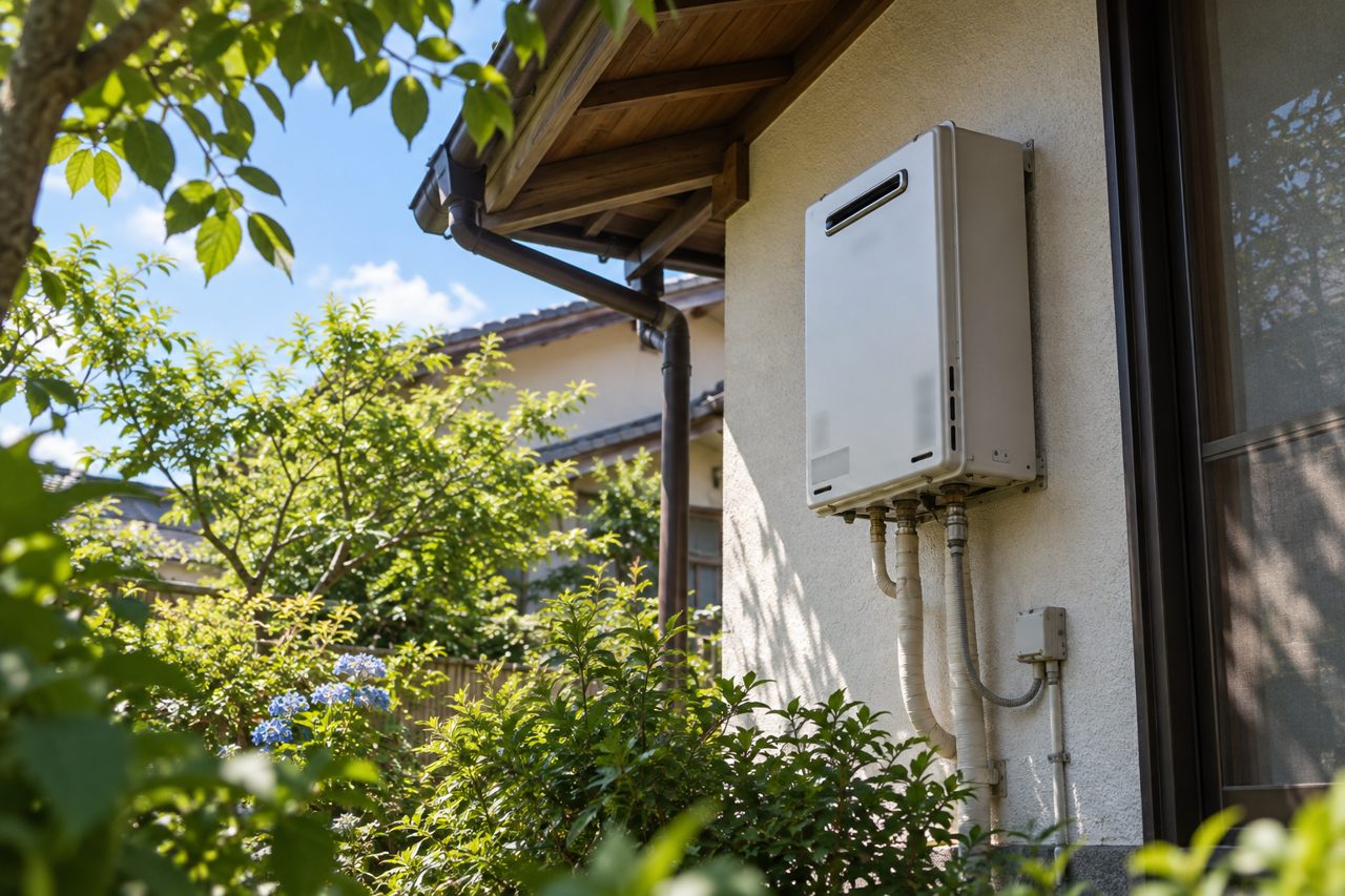 夏の住宅外壁で給湯器の排気口を見上げる場面