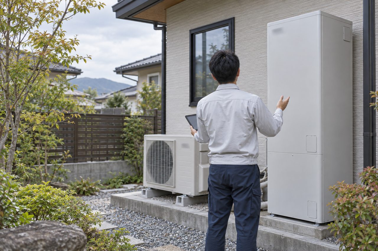 タンクの前で説明用端末を持つ作業員の後ろ姿