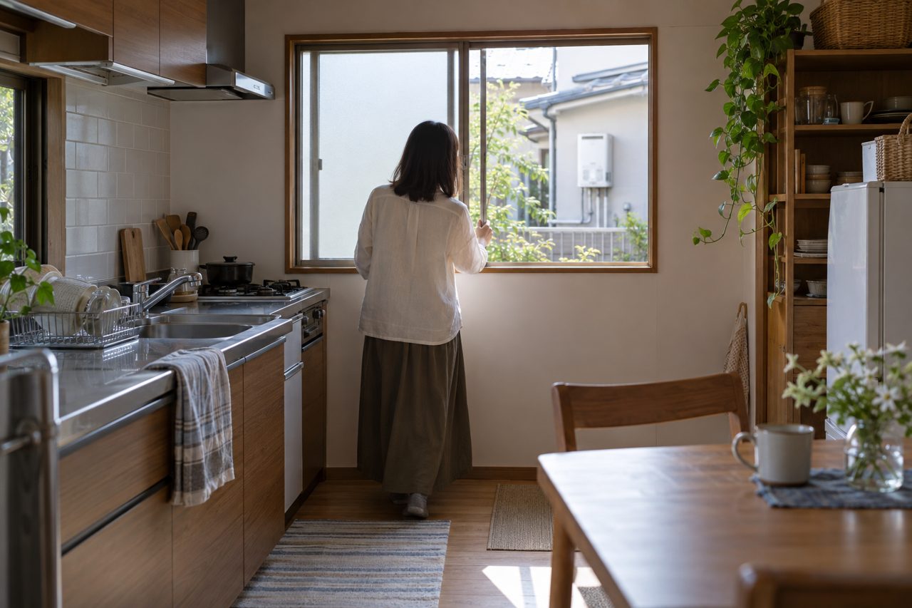 窓を開けて屋外機から距離を取る人の後ろ姿
