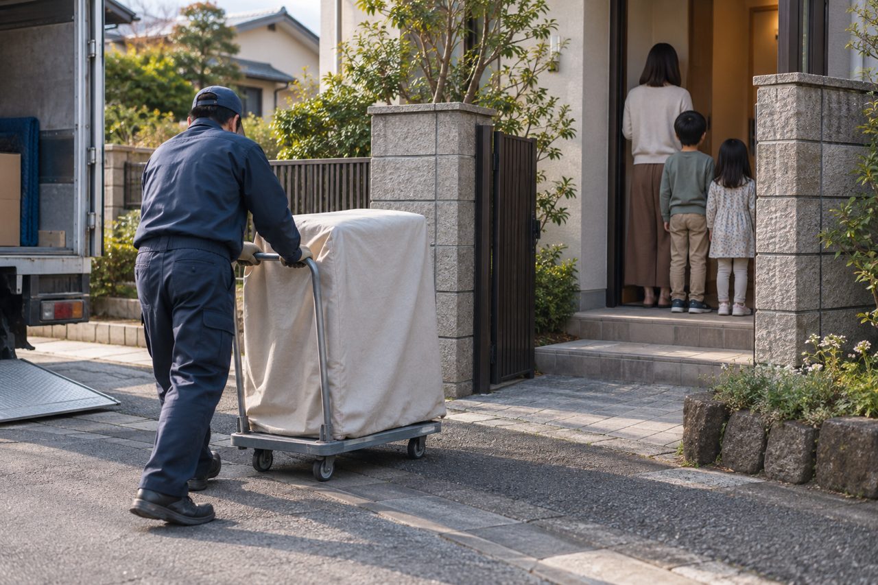 布で包んだ古い給湯器を台車で搬出する作業員