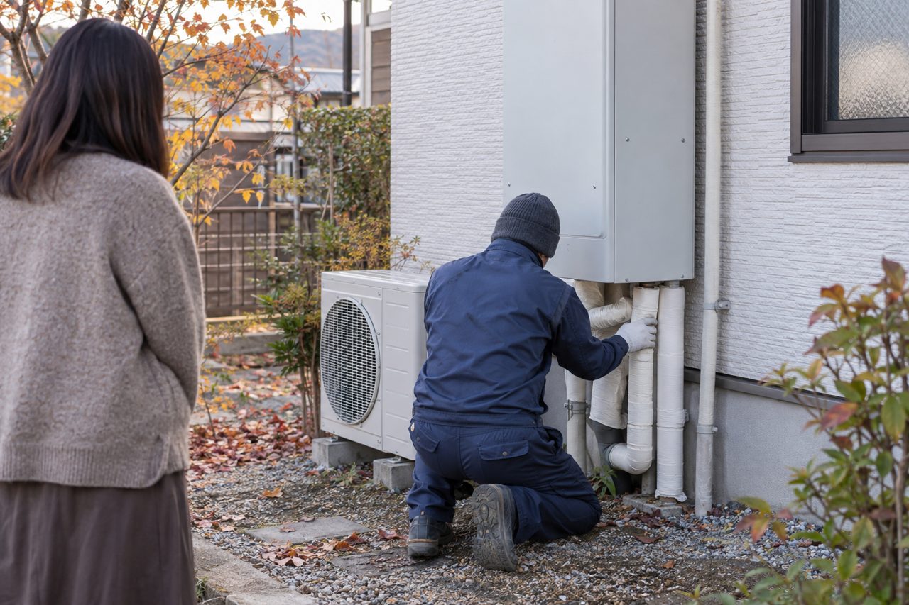 冬支度で配管保温を整える作業員を見守る住人