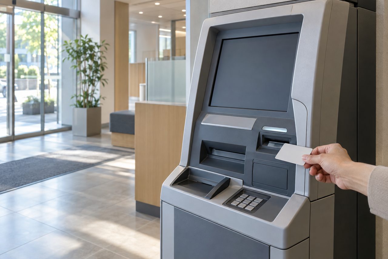 金融機関の端末で無地のカードを扱う人の手元