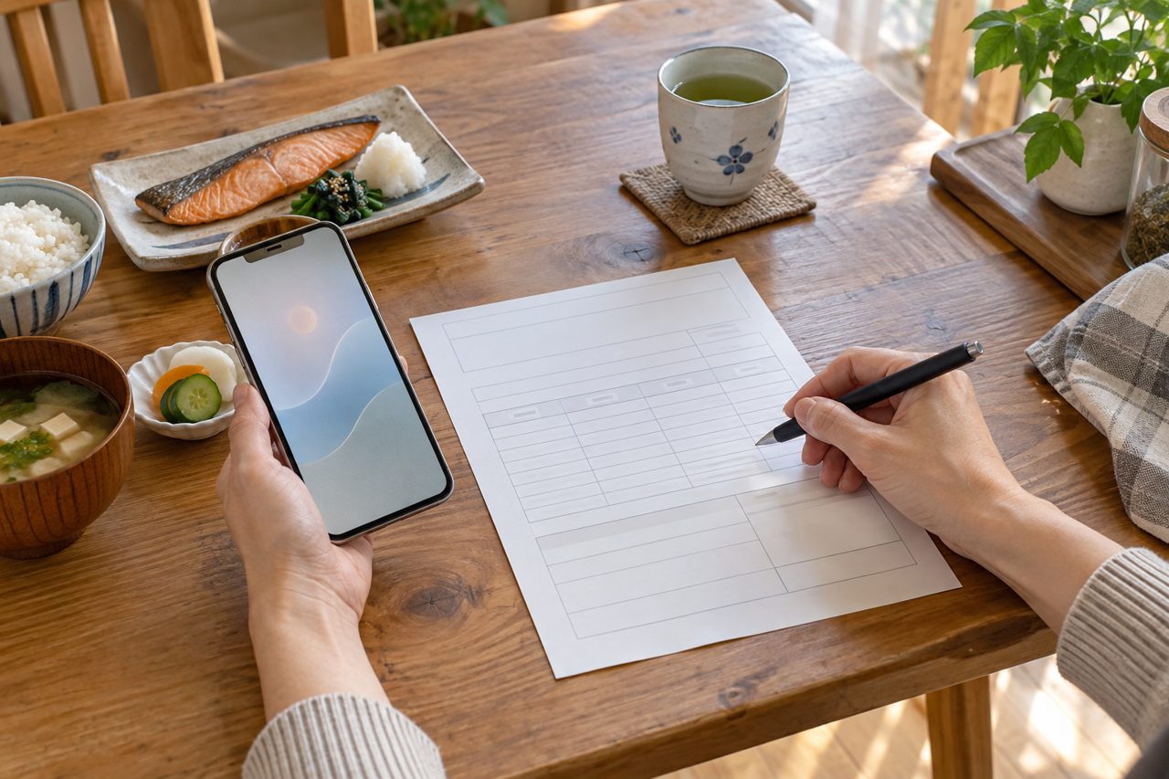 朝の食卓で毎月の電気代の内訳を確認する手元