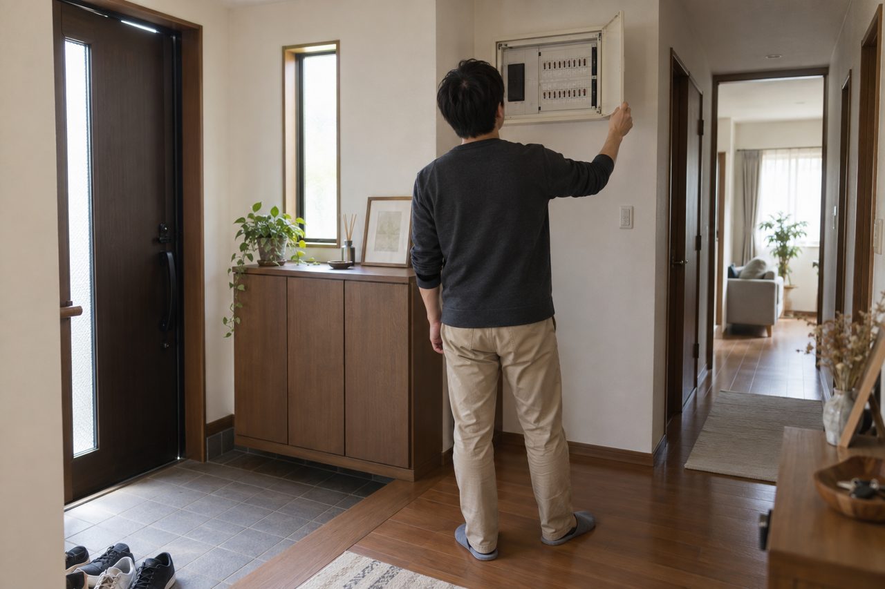 玄関の分電盤を開いて契約容量を確かめる住人