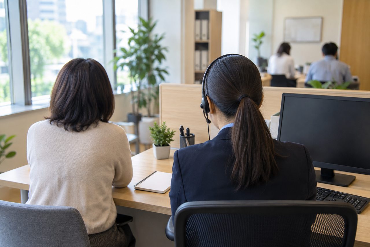 相談窓口で利用者の問い合わせに応じる担当者の後ろ姿
