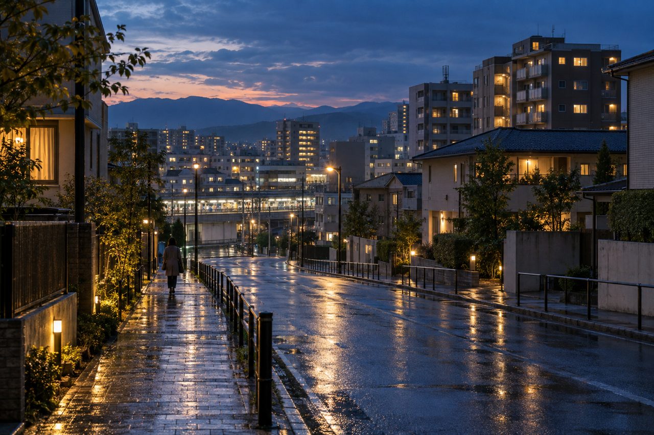 夕暮れに窓明かりが灯る日本の集合住宅街