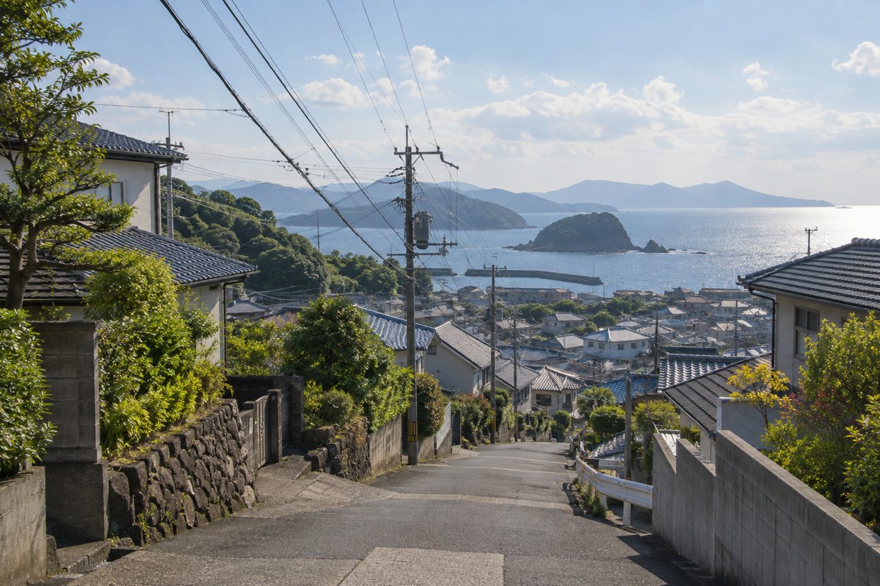 海沿いの住宅地と電力設備を望む穏やかな景色