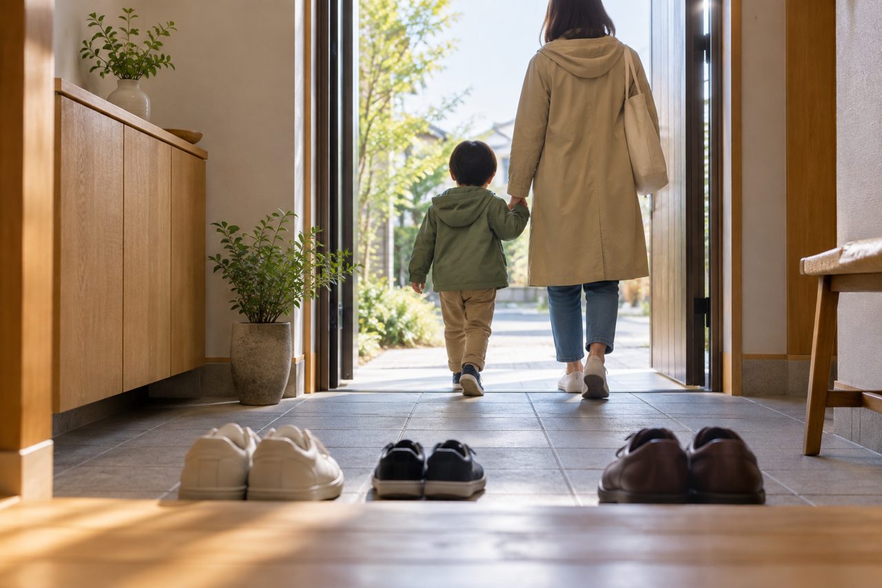 家族の靴が並ぶ玄関で外出準備をする親子の後ろ姿