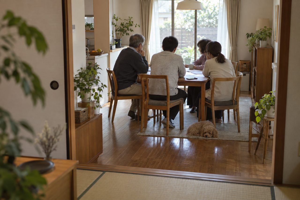 食卓を囲んで暮らしの費用を相談する家族の後ろ姿