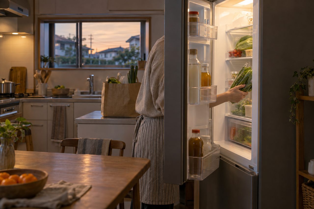 夕方の台所で冷蔵庫の中身を確認する住人