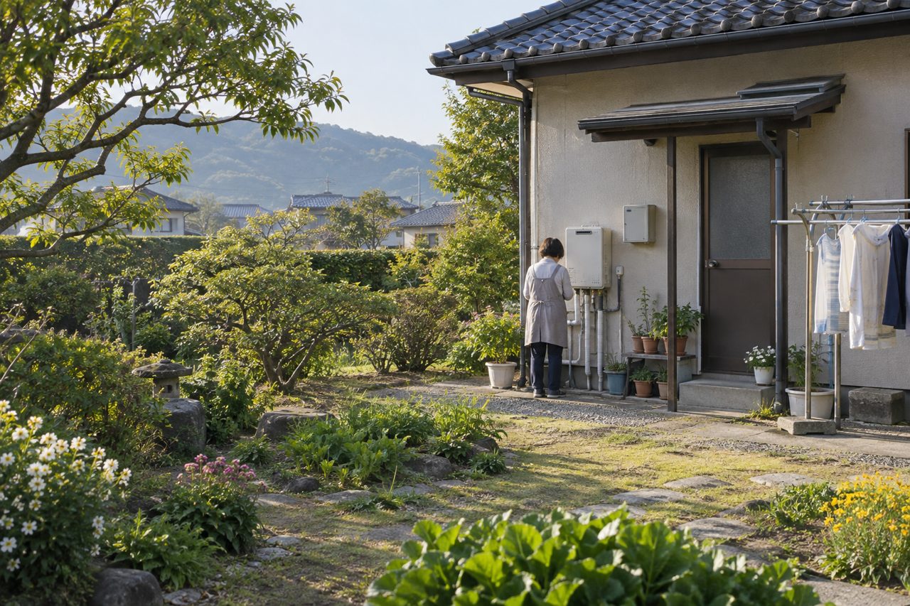 屋外の給湯設備と運転時間を確認する住人の後ろ姿