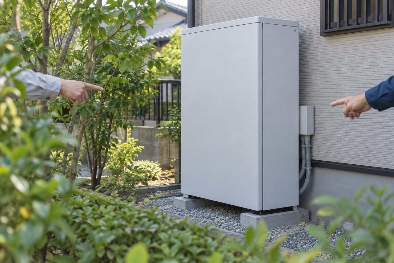 住宅脇の蓄電設備を点検する住人と作業員の手元