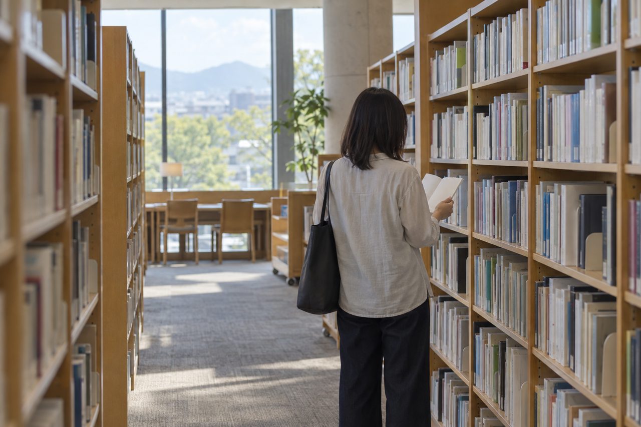 図書館で資料を手に公的情報を調べる人の後ろ姿