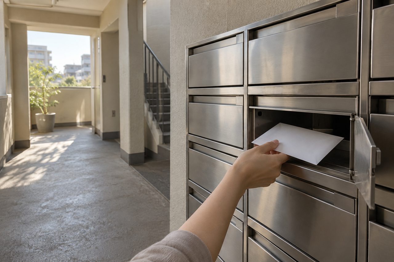 集合ポストから無地の封書を取り出す住人の手元