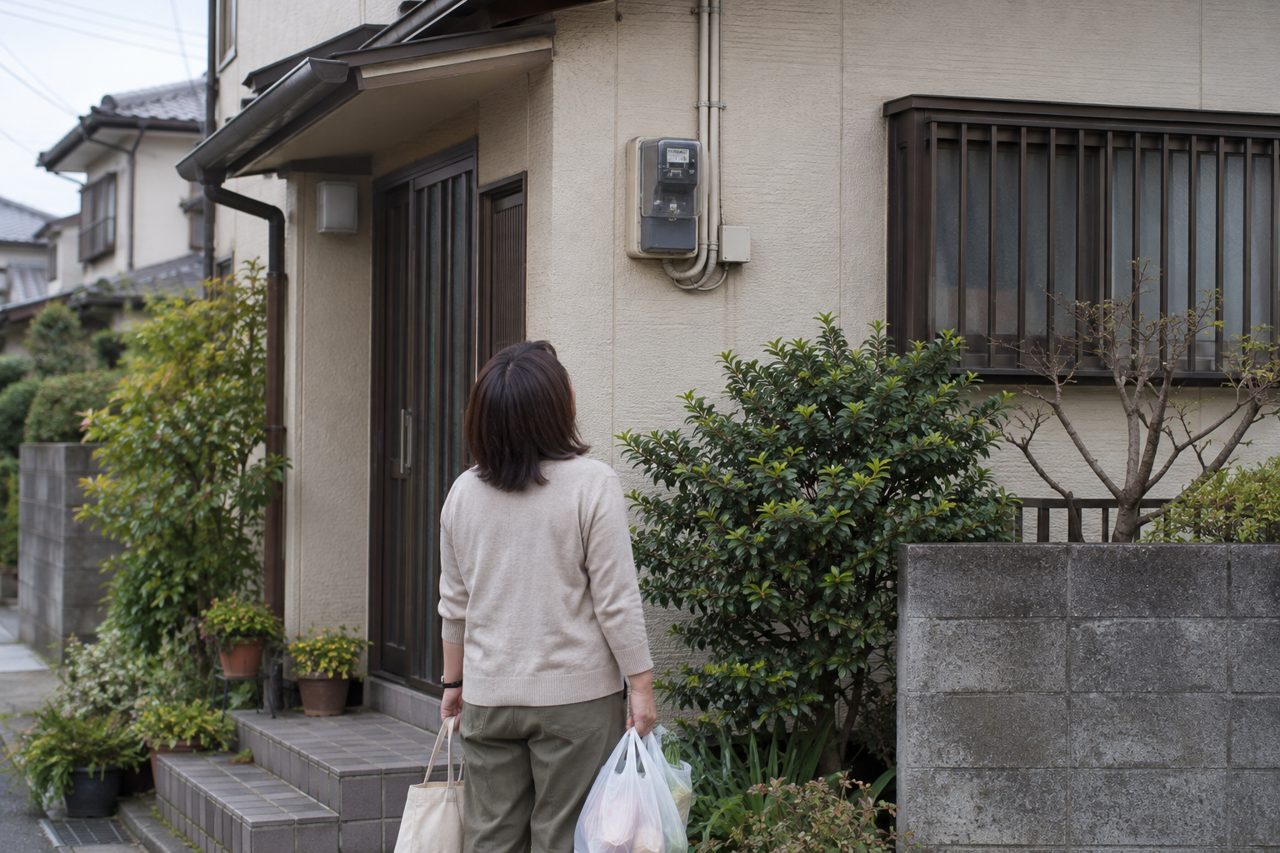 戸建て住宅の外壁にある電力量計を見る人の後ろ姿